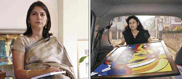 Reena Lath, proprietor of Aakar Prakaar Art Gallery, Kolkata, is committed to promoting young and upcoming artists. (R) Laila Sanyal runs a mobile art gallery, taking her collection to the homes and offices of buyers