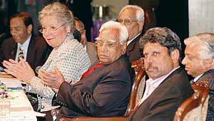 Right to left T.K.A. Nair, principal secretary to Prime Minister, Rotary Shreyas awardee Kapil Dev, Haryana Governor A.R. Kidwai, Rotary Foundation trustee Carolyn Jones at the concluding session of two-day conference on sharing, organised by Rotary International District 3080, at Indradhanush Auditorium in Sector 5, Panchkula, on Sunday.