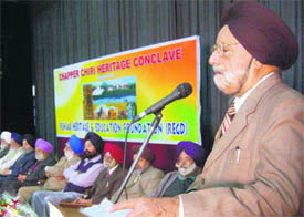 G.S. Shergill addresses the gathering at Chapper Chiri herigage conclave in Mohali on Sunday.