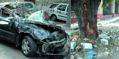 Two youths were killed and two got injured when a Skoda car hit the tree (right) near India Gate in the Capital on Sunday morning.