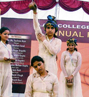 Students present a cultural programme during the annual prize distribution function of DAV Girls College in Yamunanagar on Sunday.