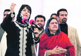 PDP president Mehbooba Mufti addresses party workers in Sarwal in Jammu