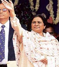 BSP president Mayawati waves during a rally in New Delhi