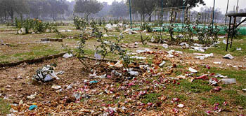 The Rose Garden littered with rubbish a day after the Rose Festival came to an end in Chandigarh on Monday.