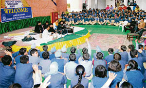 Renowned Sufi singer Dev Dildar performing during a musical programme at heritage school in Jammu on Monday.