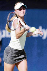 Ukraines Alona Bondarenko plays a return to Russias Maria Kirilenko on the first day of the WTA Dubai Open