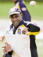 Sanath Jayasuriya throws the ball during a practice session in Hobart