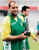 Sanath Jayasuriya throws the ball during a practice session in Hobart 