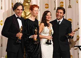 From left: Winners for Best Actor ("There Will Be Blood") Daniel Day-Lewis, for Best Supporting Actress ("Michael Clayton") Tilda Swinton, for Best Actress ("La Vie En Rose") Marion Cotillard and for Best Supporting Actor ("No Country For Old Men") Javier Bardem pose with their trophies during the 80th Annual Academy Awards at the Kodak Theater in Hollywood, California