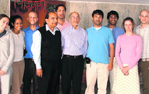 Dr Sewa Singh Legha (centre) with a team of medical students in Ludhiana on Tuesday.