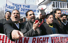Lawyers shout slogans in Srinagar on Wednesday. 