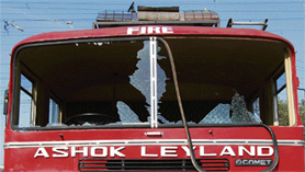 A fire engine that was damaged by slum dwellers in Ludhiana on Wednesday.