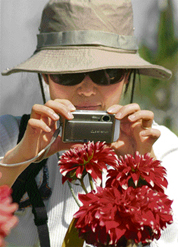 A European catches the beauty of a flower at a flower show held at the PAU in Ludhiana on Thursday.