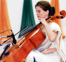 Saskia Rao de-Haas from the Netherlands plays bass violin at BCM School in Ludhiana on Wednesday. 