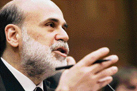 US Federal Reserve chairman Ben Bernanke delivers his semi-annual report on the economy to the House Financial Services Committee in Washington on Wednesday. Bernanke told Congress that weak US economic growth may prompt the central bank to cut short-term interest rates further if needed. The Fed has aggressively slashed interest rates by 225 basis points since September in a bid to fire up economic momentum, cutting its key short-term federal funds interest rate to 3 per cent.