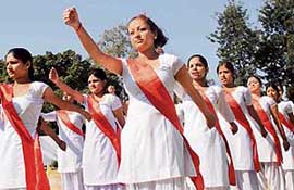 Students of Government Polytechnic for Women, Sector 10, take part in a march past in Chandigarh on Thursday.