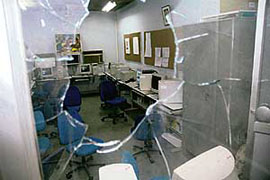 Broken windowpane of a classroom.