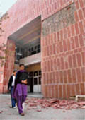 Red tiles came off the wall of the building of the department of Women Studies, Panjab University in Chandigarh