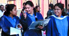 Class XII CBSE students discuss their paper at St. Columbus School, Gole Market in the Capital on Saturday. 