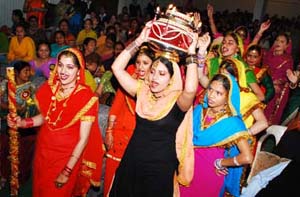 The students of the SSD Girls College taking out a Jago to mark the annual prize distribution ceremony at the college in Bathinda. 