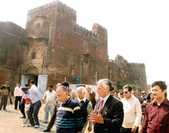 Officials of the UT administration and members of INTACH, Chandigarh, participate in a heritage walk at the Manimajra Fort on Sunday.