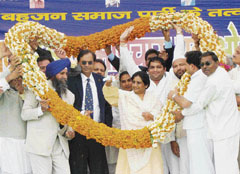 BSP chief and Chief Minister of Uttar Pradesh Mayawati being welcomed at a rally held at the grain market in Karnal on Sunday.