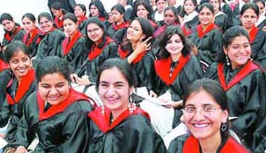 Students of Prem Chand Markanda SD College for Women in an upbeat mood after receiving degrees.