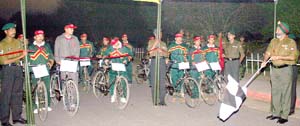 Commander of the Stallion Infantry Brigade, Bhupinder Singh, flagging off the bicycle expedition near Abohar on Monday. 