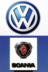 This file photo shows the logos of German car maker Volkswagen (top) and Swedish heavy lorry maker Scania