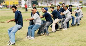 A tug-of-war match in progress on the opening day of the annual sports meet being held at BJS Dental College and Hospital in Ludhiana on Monday. 