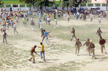The police evicting the agitating students from the campus of a private polytechnic college in Moga on Tuesday.