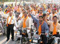 The activists of the Ram Setu Raksha Manch taking out a rally in support of Ram Setu in Bathinda on Tuesday.