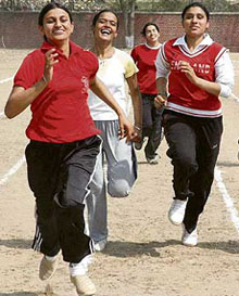 Girls participate in 400m race during the annual sports meet of Government Polytechnic College for Women in Patiala on Tuesday.