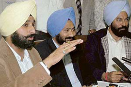 Bikram Singh Majithia, cabinet minister, Punjab, Parminder Singh Dhindsa, PWD, B&R minister, and Rana Gurmeet Sodhi, MLA, Guru Har Sahai, address mediapersons at Punjab Bhawan in Chandigarh on Tuesday.