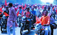 VHP and Bajrang Dal activists participate in a 'Vahan Rally' to save Ramsethu, at Rajghat in the Capital on Tuesday.