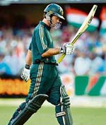 WRONG BAT? Ricky Ponting walks back after being dismissed.