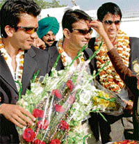 Siddharth Kaul, Munish Bali and Perry Goyal on their arrival at Chandigarh Airport on Wednesday.