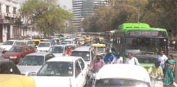 A view of traffic jam due to rallies at Connaught Place in the Capital