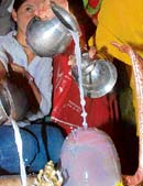 Devotees pour milk over the Shivlingam at the Shiv temple in Shimlas middle bazar on the occasion of Shivratri.