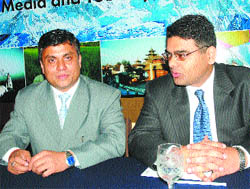 Nepal Tourism Board director Hikmat Singh Ayer (left) addresses press in Jalandhar on Thursday.