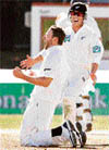 New Zealands Daniel Vettori celebrates after dismissing Englands Kevin Pietersen on the third day of the first Test at Hamilton
