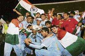 Members of the Indian Under-19 team celebrate their well-deserved triumph in Kuala Lumpur