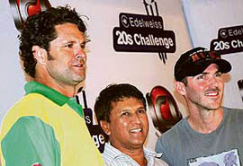 Kiran More, executive board member of the Indian Cricket League, at the function about the launch of the third edition of the ICL in Chandigarh on Sunday. The March 9-April 7 tournament will be played at Panchkula, Gurgaon and Hyderabad. On the left is Chris Cairns, while on the right is Damien Martyn.