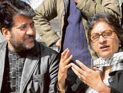 Lawyer and chairperson of the Human Rights Commission of Pakistan Asma Jahangir and Hurriyat leader Shabir Ahmad Shah talk to mediapersons at Rajbagh in Srinagar
