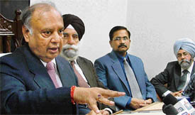 Chief Justice of the Punjab and Haryana High Court Vijender Jain addresses mediapersons at the district courts complex after inspecting the traffic lok adalat in Ludhiana on Saturday.