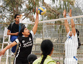 A volleyball match in progress between SAI Centre, Ludhiana, and Government Senior Secondary School, Kundan Puri, at Guru Nanak Sports Complex, Ludhiana, on Saturday.