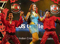 Bollywood film star Neha Dhupia performs at the Tau Devi Lal Stadium during the first ICL match being played between Ahmedabad Rockets and Chandigarh Lions at Panchkula on Sunday.