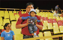 Empty stands at the Tau Devi Lal Stadium during the first ICL match being played between Ahmedabad Rockets and Chandigarh Lions at Panchkula on Sunday.