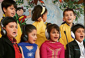 Students of UKG from Vivek High School act as radio jockeys at their annual function in Chandigarh on Sunday. 