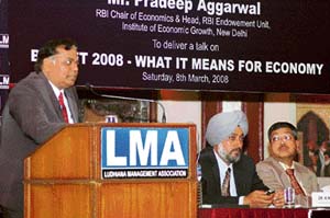 Pradeep Aggarwal addresses members of the Ludhiana Management Association on Sunday. 